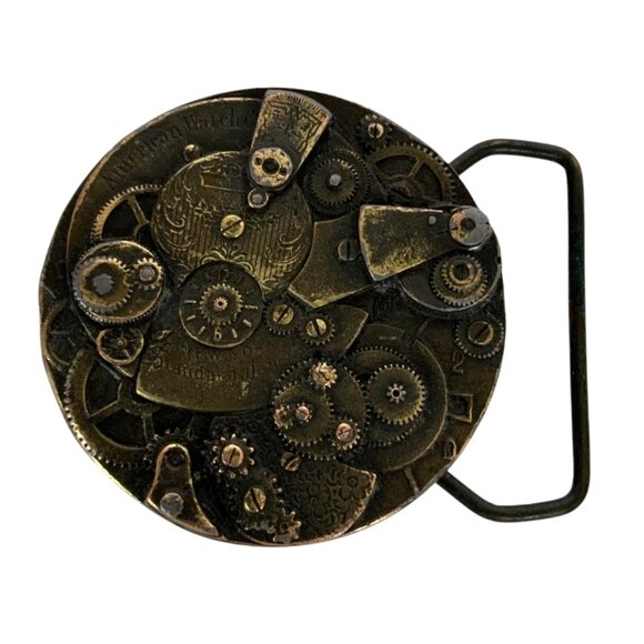Vintage Bergamot Brass Works Steampunk Belt Buckle With Clock Parts Design 1970s - Picture 1 of 6